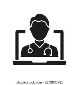 Online Digital Medicine Silhouette Icon. Doctor in Computer Medical Health Care Online Glyph Black Pictogram. Virtual Medicine Service Icon. Telemedicine. Isolated Vector Illustration.