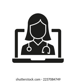 Online Digital Medicine Silhouette Icon. Doctor in Computer Medical Health Care Online Glyph Black Pictogram. Virtual Medicine Service Icon. Telemedicine. Isolated Vector Illustration.