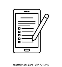 Online digital note icon using smartphone with pen or stylus in black outline style
