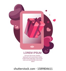 Online Digital Post and Shopping. Huge Gift Box Present in Smartphone Screen. Valentine Day, Birthday, Anniversary Happy Holiday Congratulation in Mobile App. High Technology Flat vector illustration