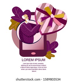 Online Digital Post Shopping. Old Pensioner Man Take Huge Heart Gift Present. Send or Get Parcel in Mobile App Smartphone. Celebrate Valentine Day, Birthday Holiday. Internet Post. Flat illustration