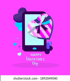 Online Digital Post and Shopping.Huge Heart Gift Box Present in Smartphone Screen.St Valentine's Day,Birthday,Anniversary Happy Holiday Congratulation in Mobile App.Technology Flat vector illustration