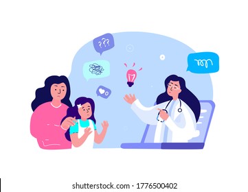 Online Digital Psychotherapy Practice,Psychiatrist Consultation.Psychologist Session.Worried Mother Maintain,Support Disappointed Depressed Teenager Daughter.Stress Adolescent.Flat Vector Illustration