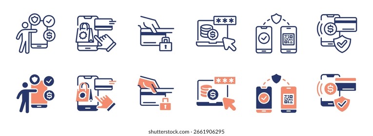 Compra digital en línea Conjunto de iconos de servicio de pago seguro Transacción comercial sin efectivo Código de seguridad Protección de transferencia de dinero Signos de Ilustración vectorial