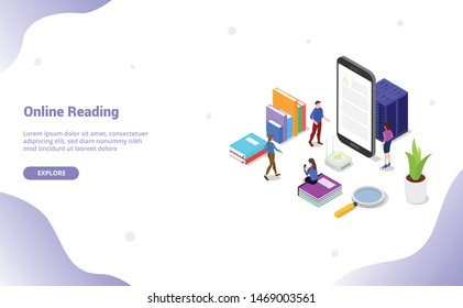 online or digital reading book concept with people read on smartphone apps with modern isometric flat style for website template or landing 