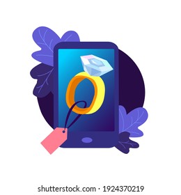 Online Digital Shopping. Wedding Dimond Gold Ring in Smartphone Screen. Buy Jewelery Present for Valentine Day, Birthday, Anniversary in Mobile App Purchase. High Technology. Flat vector illustration