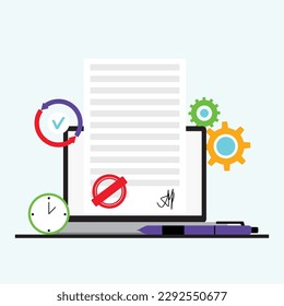 Online digital signature and stamp on document. Vector illustration, E-signature innovation, didgital business paper, online official verification, web license, documents digitalization