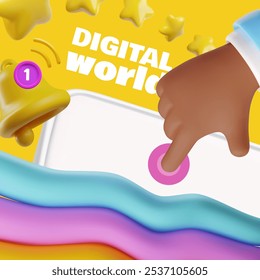 Online digital world network 3D cartoon style banner. Golden stars emoji, bell notification, user hand select tap, click cursor button on smartphone screen. Vector volume marketing Social media design