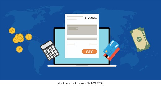 Online digitalinvoice laptop or notebook with calculator credit card money coins flat illustration