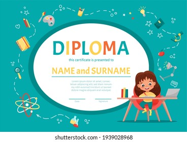 Online diploma certificate for kids or children in kindergarten or elementary school with a cute girl making homework at table on background with hand-drawn elements. Vector cartoon illustration