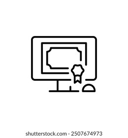 Online diploma icon. Simple outline icon representing a digital diploma or certification on a computer screen. Perfect for use in educational websites, e-learning platforms. Vector illustration.