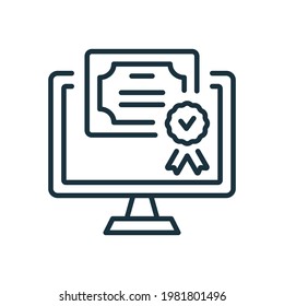 Online Diploma Line Icon. Digital Online And Distance Education Concept. Certificate With License Badge Linear Icon. Award, Grant, Distance Diploma. Editable Stroke. Vector Illustration.