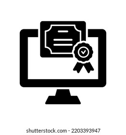 Online Diploma Silhouette Icon. Digital Online and Distance Education concept. Certificate with License Badge Black Icon. Award, Grant, Distance Diploma. Vector Isolated Illustration.