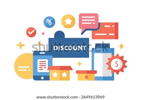 Online Discount Shopping: Mobile App, Flat Design, Positive Mood, Product Boxes, Percentage Sign, Stars, Check Mark, Dollar Award.