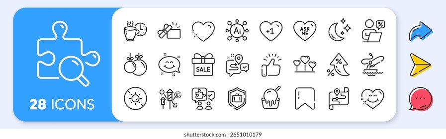 Online discounts, Ice cream and Map line icons. Interest rate, AI generate, Inflation icons. Pack of Smile face, Opened gift, Journey icon. Moon, Sale offer, Puzzle pictogram. Vector