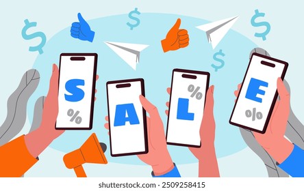 Online discounts at phone. Hands with sales and promotions. Electronic commerce and marketing on internet. Special offer for regular clients and customers. Flat vector illustration