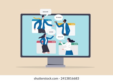 Online discussion board, group chat or video focused group meeting, online conference talking, team chat or technology for team conversation concept, business people chatting dialogue in computer.