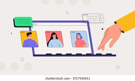 Discusión en línea y concepto de videoconferencia de negocios. Stream, chat web, encuentro en línea con amigos. La gente en la pantalla de un portátil tomando con un colega. Con iconos para chat, correos electrónicos y mensajes.