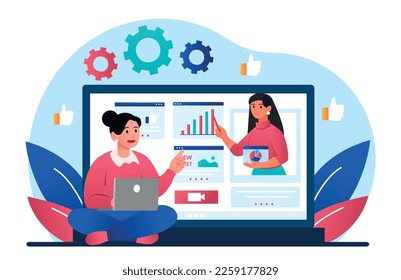 Online discussion concept. Woman sits with tablet. Evaluation graphs and charts, infographics and statistics. Modern technologies and digital world, remote worker. Cartoon flat vector illustration