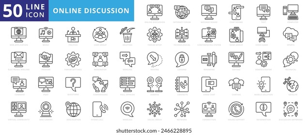 Online Discussion icon set with internet, forum, message board, chat rooms, group, meeting and web application.