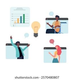 Online discussion of partners about an interesting business idea. On a transparent background.