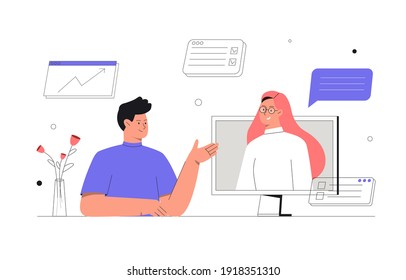 Online discussion and video conference concept. Stream, web chatting, online meeting friends. Woman on laptop screen taking with colleague. Flat style vector illustration.