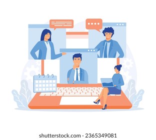Online Discussion and Video Conference Concept. People Character working Remote at Home and using Laptop for Video Meeting with Colleagues, flat vector modern illustration
