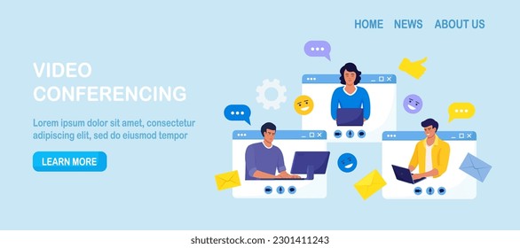 Online Discussion and Video Conference. People Connecting Together, Learning or Meeting Online with Teleconference. Businessmen on Web Page Talking with Colleagues, Employees or Friends