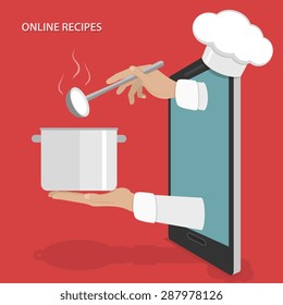Online dishes recipes vector concept. Hands of chef appeared from smartphone screen and cooking some dish.