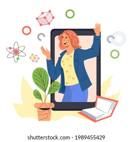 Online distance courses and remote education concept with woman at smartphone backdrop. Educational courses and remote e-learning internet technology, flat vector illustration isolated on background.