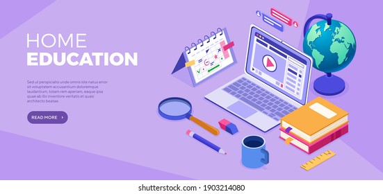 Online distance education banner. Internet course or online learning from home. Distance home education technology. Landing page template. Isometric isolated vector illustration