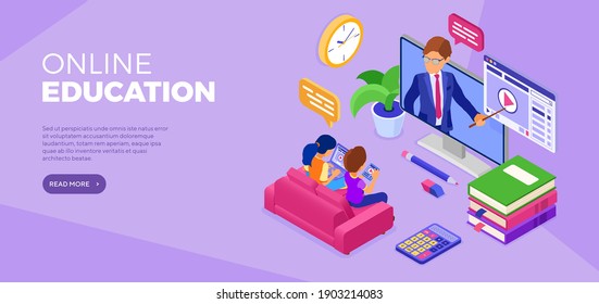 Online distance education banner with isometric character. Internet course or online learning from home with teacher. Distance home education technology. Landing page. Isometric vector illustration