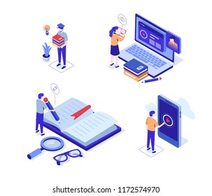 Online distance education characters set. Can use for web banner, infographics, hero images. Flat isometric vector illustration isolated on white background.
