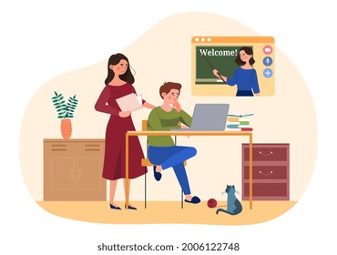 Online distance education concept. Boy is sitting at his laptop and listening to the teacher via video link. The mother helps her son to study. Flat vector illustration isolated on a white background