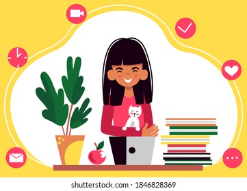 Online distance education concept. The girl studies at home at the computer. Home schooling. Vector flat illustration.