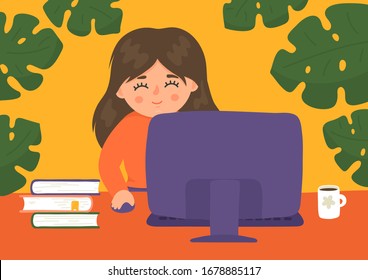 Online distance education. Cute girl studying using computer. Educational webinar, online learning technology vector illustration.