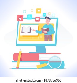 Online or distance education, e-learning concept. Personal teacher service. Video lesson or webinar on computer monitor. Pile of books and education gadgets, vector illustration