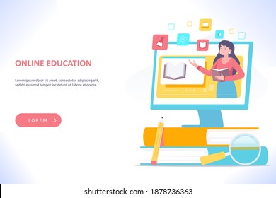 Online or distance education, e-learning concept. Personal teacher service. Video lesson or webinar on computer monitor. Pile of books and education gadgets, vector illustration