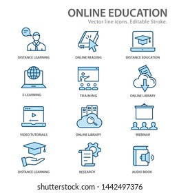 Online distance education flat line icons. Set of graduation cap, training, laptop, webinar symbols. Editable Strokes.