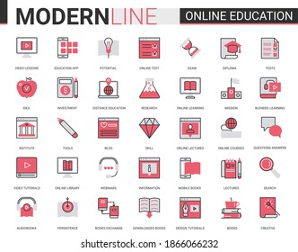 Online distance education flat thin red black line icons vector set with linear educational technology symbols for mobile apps with process learning in tech online course, school or university