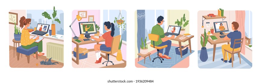 Online distance education at home set, boys and girls working at computers in rooms sitting at desks on chairs. Vector man and woman studying at computer at flat, e-learning during quarantine