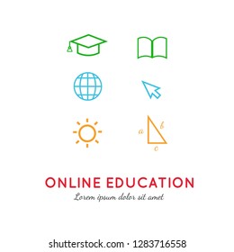 Online distance Education, Homeschooling, e-learning,tutorials, courses icons set. Vector illustration in thin flat style.