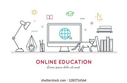 Online distance Education, Homeschooling, e-learning,tutorials, courses concept. Vector illustration in thin flat style.