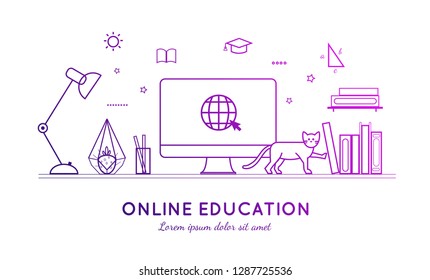 Online distance Education, Homeschooling, e-learning,tutorials, courses concept. Vector illustration in thin flat style.