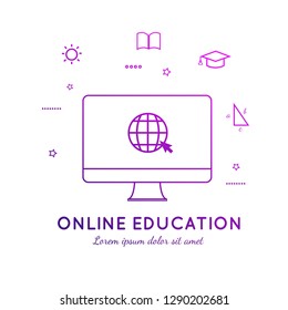 Online distance Education, Homeschooling, e-learning,tutorials, courses concept. Vector illustration in thin flat style.