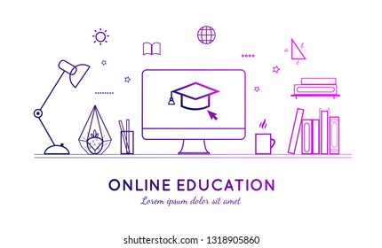 Online distance Education, Homeschooling, e-learning,tutorials, courses concept. Vector illustration in thin flat style.