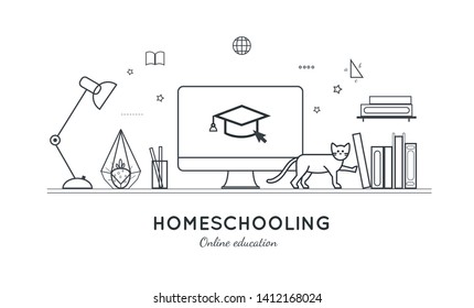 Online distance Education, Homeschooling, e-learning,tutorials, courses concept. Vector illustration in thin flat style.