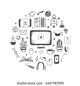 Online distance Education, Homeschooling, e-learning,tutorials, courses concept. Vector illustration in doodle style.