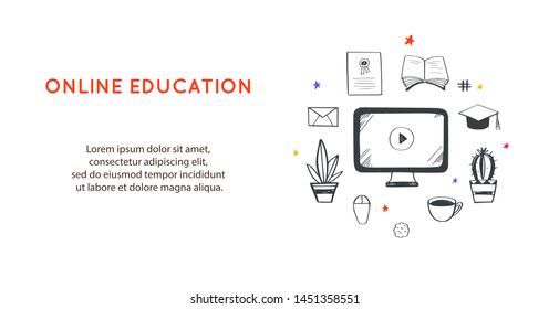 Online distance Education, Homeschooling, e-learning,tutorials, courses banner. Vector illustration in doodle style.