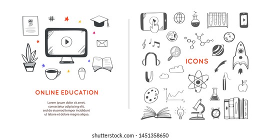 Online distance Education, Homeschooling, e-learning,tutorials, courses banner. Vector illustration in doodle style.